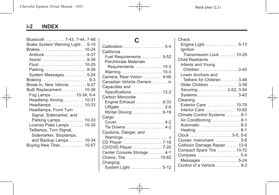 Index_c, I-2 index | CHEVROLET 2011 Equinox User Manual | Page 406 / 416