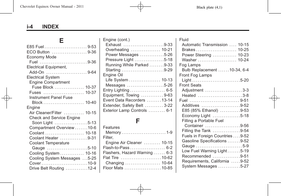 Index_e, Index_f, I-4 index | CHEVROLET 2011 Equinox User Manual | Page 408 / 416