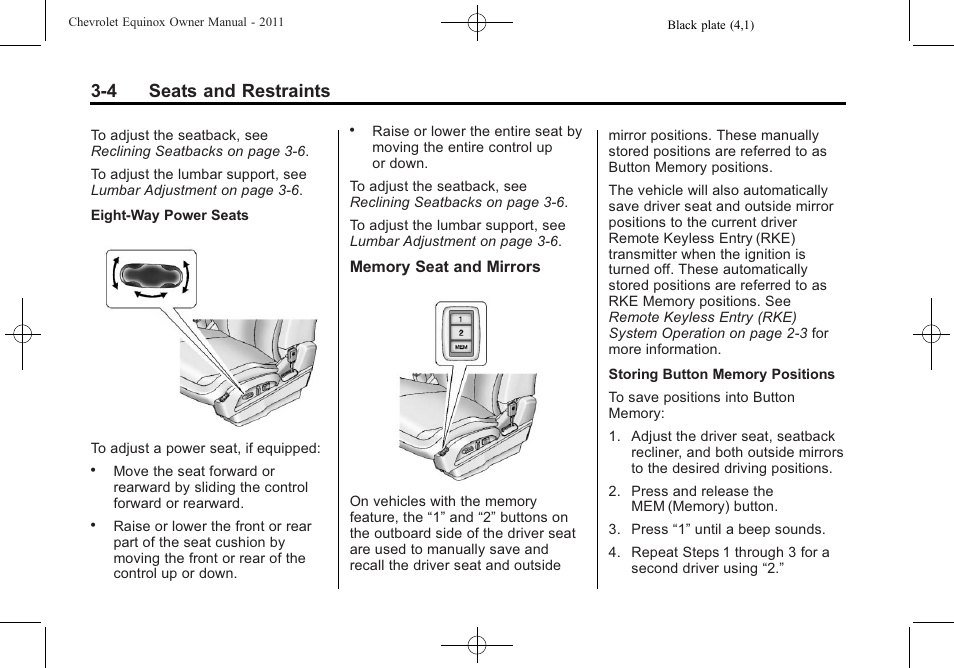 4 seats and restraints | CHEVROLET 2011 Equinox User Manual | Page 58 / 416