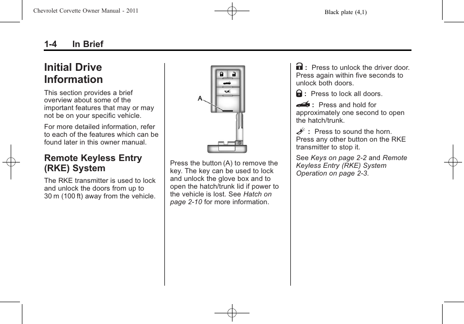 Initial drive information, Remote keyless entry (rke) system, Initial drive information -4 | Warning lights, gauges, and, Starting and operating, System -4 | CHEVROLET 2011 Corvette User Manual | Page 10 / 436