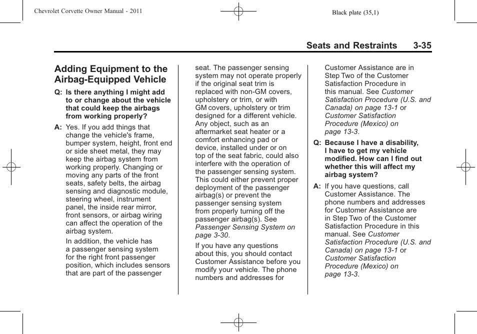 Adding equipment to the airbag-equipped vehicle, Adding equipment to the, Airbag-equipped vehicle -35 | CHEVROLET 2011 Corvette User Manual | Page 101 / 436