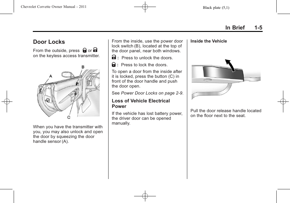 Door locks, Door locks -5 | CHEVROLET 2011 Corvette User Manual | Page 11 / 436