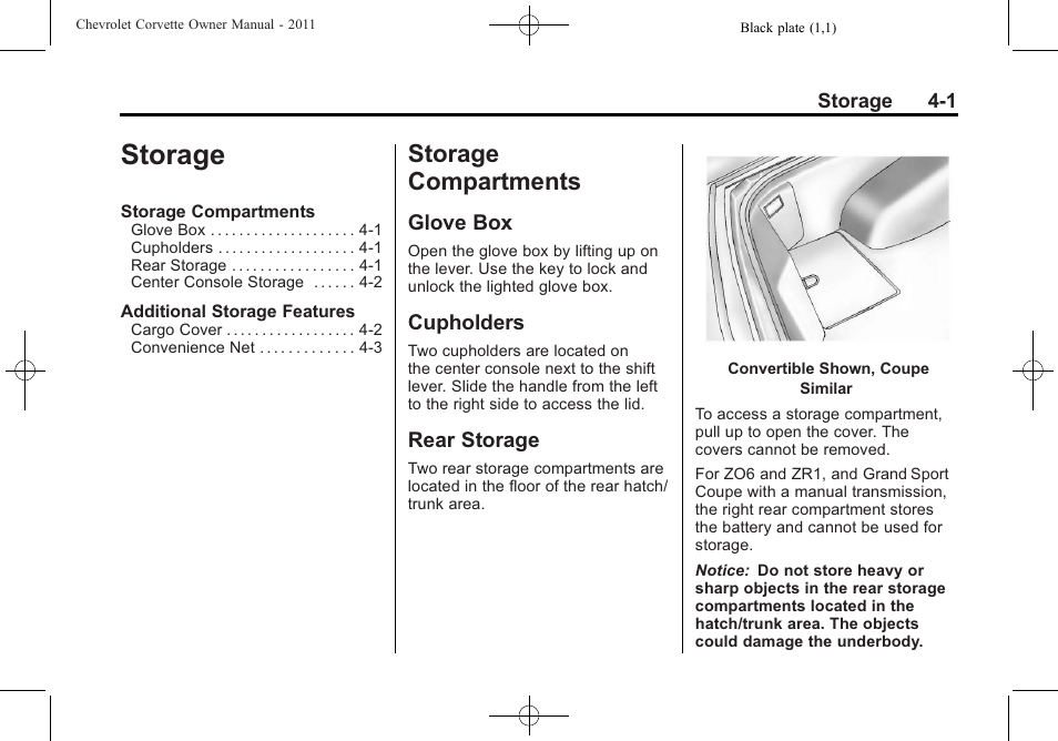 Storage, Storage compartments, Glove box | Cupholders, Rear storage, Storage -1, Storage compartments -1 | CHEVROLET 2011 Corvette User Manual | Page 119 / 436