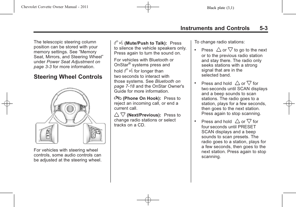 Steering wheel controls, Steering wheel controls -3 | CHEVROLET 2011 Corvette User Manual | Page 125 / 436