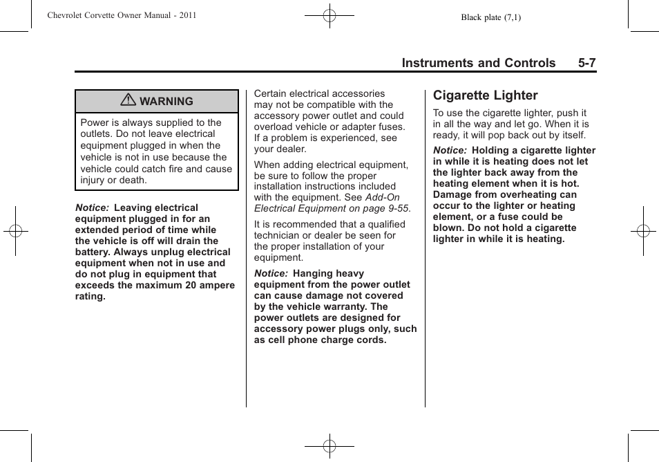 Cigarette lighter, Cigarette lighter -7 | CHEVROLET 2011 Corvette User Manual | Page 129 / 436