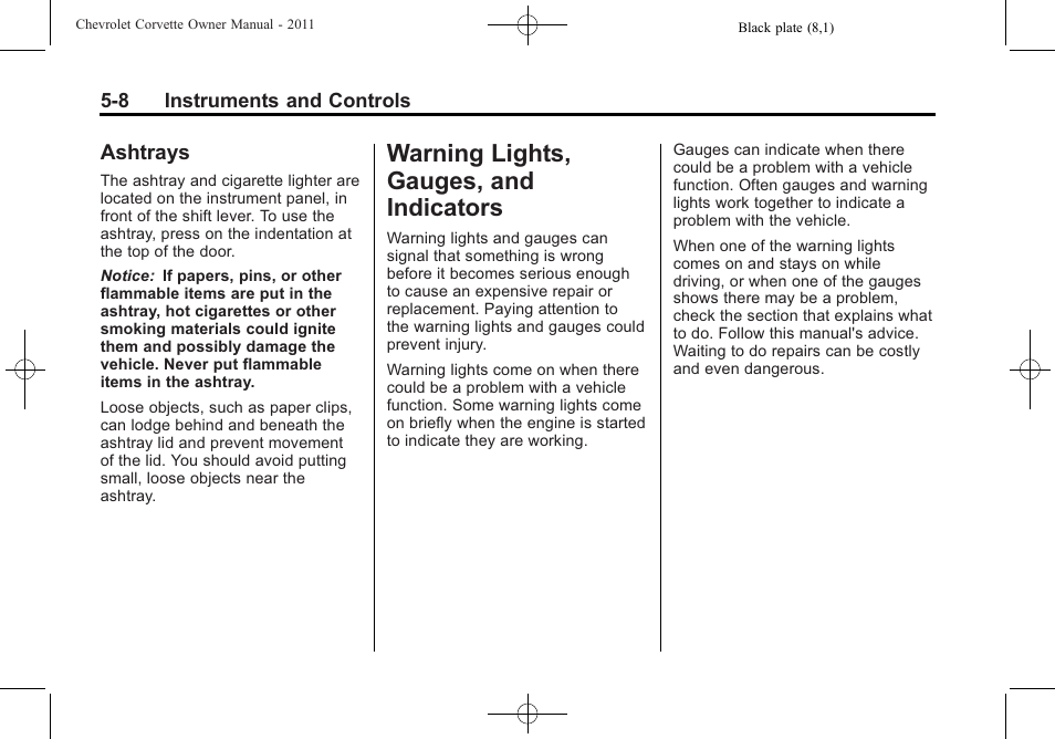 Ashtrays, Warning lights, gauges, and indicators, Engine exhaust -26 | Ashtrays -8, Warning lights, gauges, and, Indicators -8 | CHEVROLET 2011 Corvette User Manual | Page 130 / 436