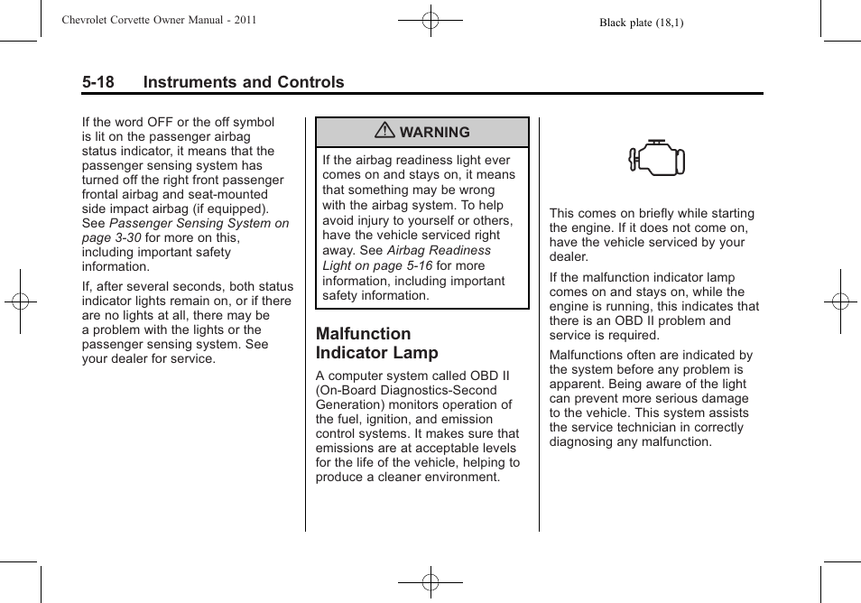 Malfunction indicator lamp, Indicator lamp -18 | CHEVROLET 2011 Corvette User Manual | Page 140 / 436