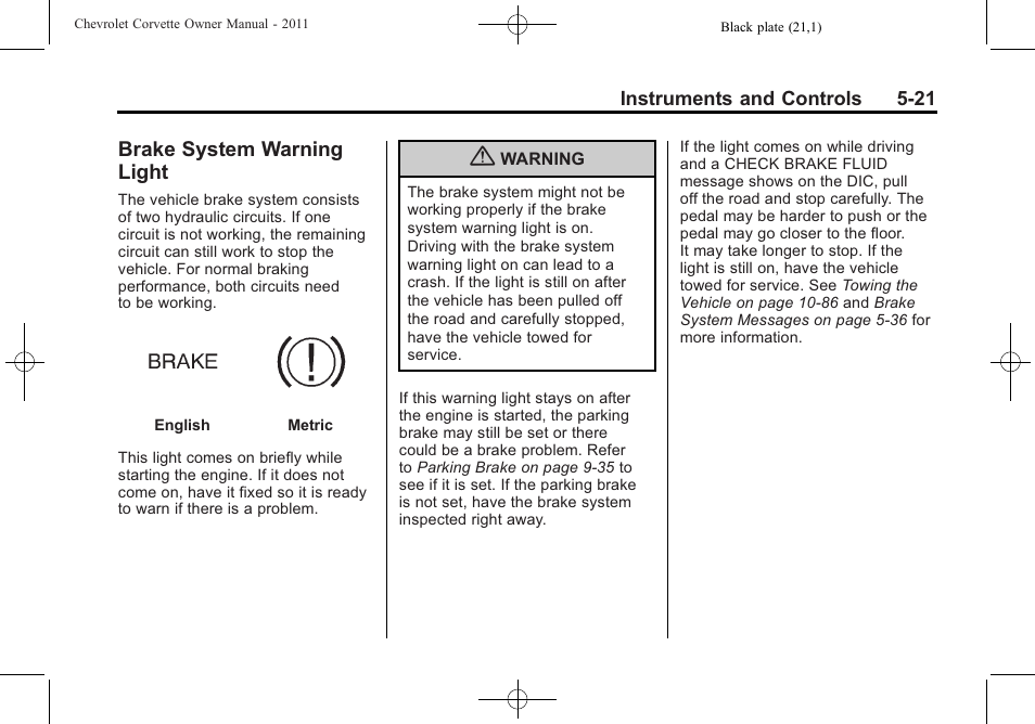 Brake system warning light, Brake system warning, Light -21 | CHEVROLET 2011 Corvette User Manual | Page 143 / 436