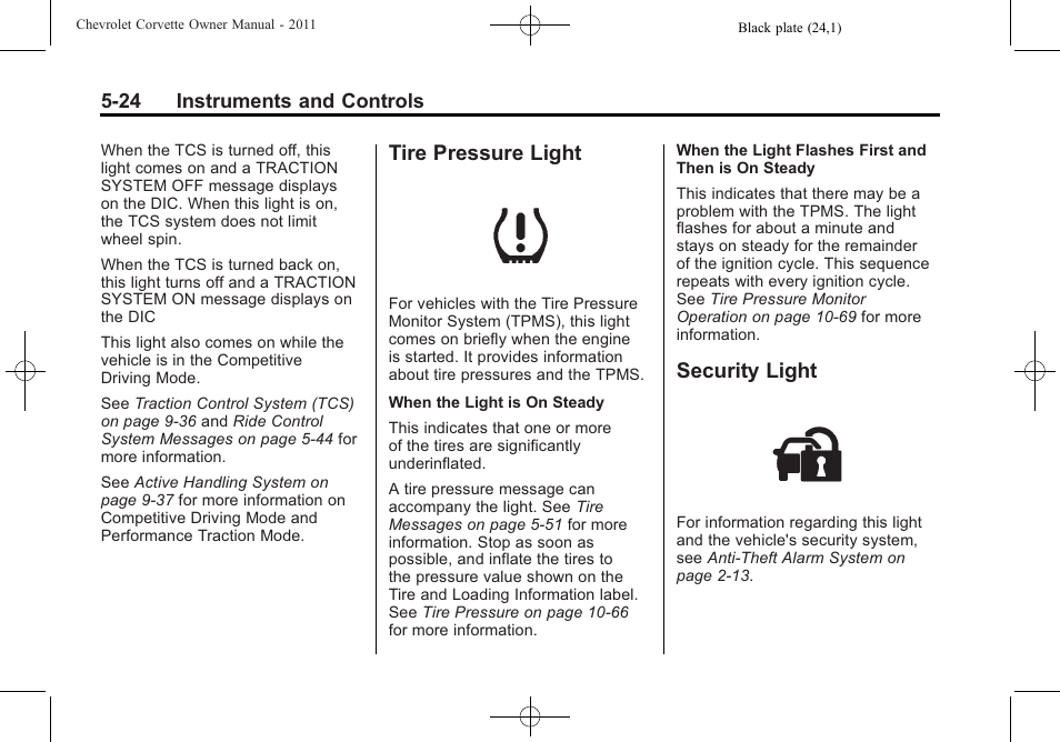 Tire pressure light, Security light, Tire pressure light -24 security light -24 | CHEVROLET 2011 Corvette User Manual | Page 146 / 436