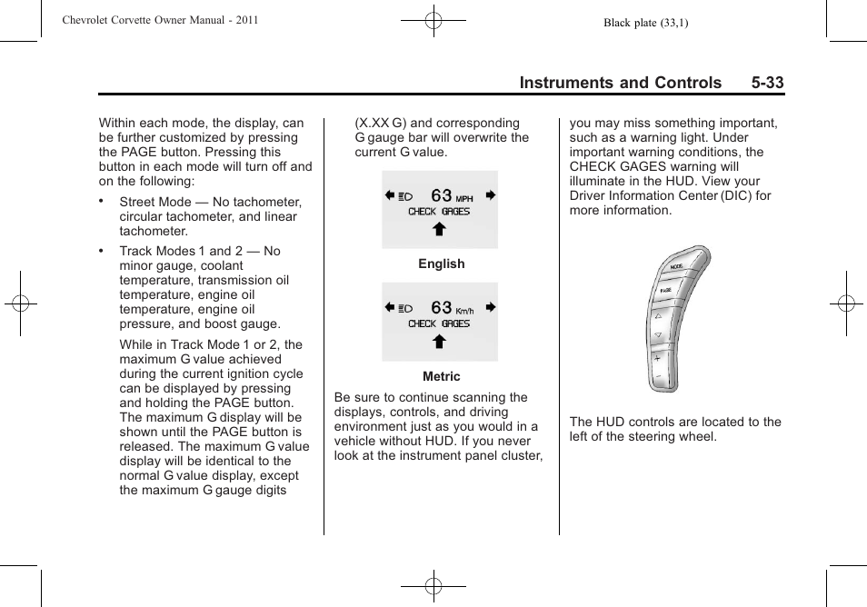 Instruments and controls 5-33 | CHEVROLET 2011 Corvette User Manual | Page 155 / 436