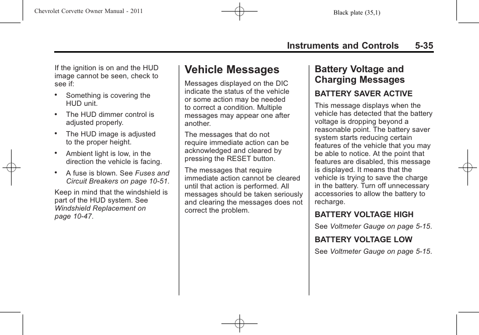 Vehicle messages, Battery voltage and charging messages, Manual transmission -32 | Vehicle messages -35 battery voltage and charging, Messages -35, Instruments and controls 5-35 | CHEVROLET 2011 Corvette User Manual | Page 157 / 436