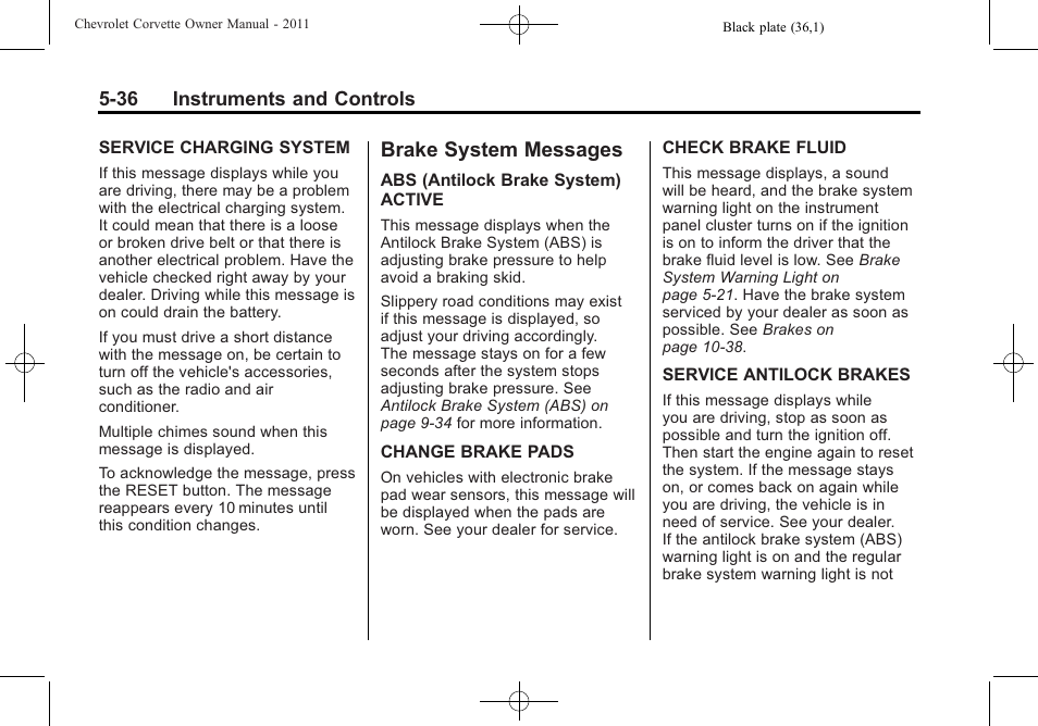 Brake system messages, Brake system messages -36 | CHEVROLET 2011 Corvette User Manual | Page 158 / 436