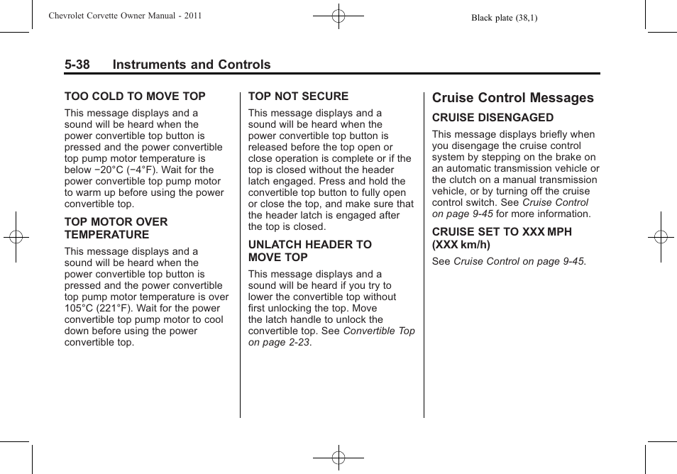 Cruise control messages, Cruise control messages -38 | CHEVROLET 2011 Corvette User Manual | Page 160 / 436