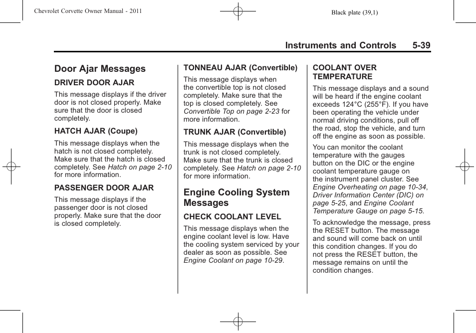 Door ajar messages, Engine cooling system messages, Door ajar messages -39 engine cooling system | Messages -39 | CHEVROLET 2011 Corvette User Manual | Page 161 / 436