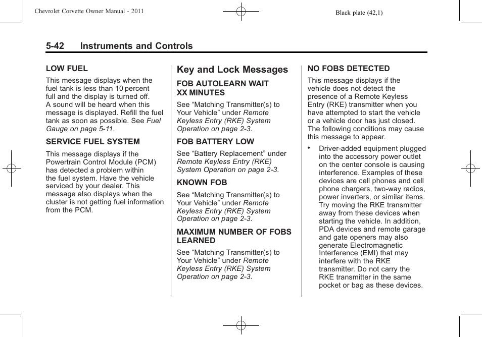 Key and lock messages, Key and lock messages -42, 42 instruments and controls | CHEVROLET 2011 Corvette User Manual | Page 164 / 436