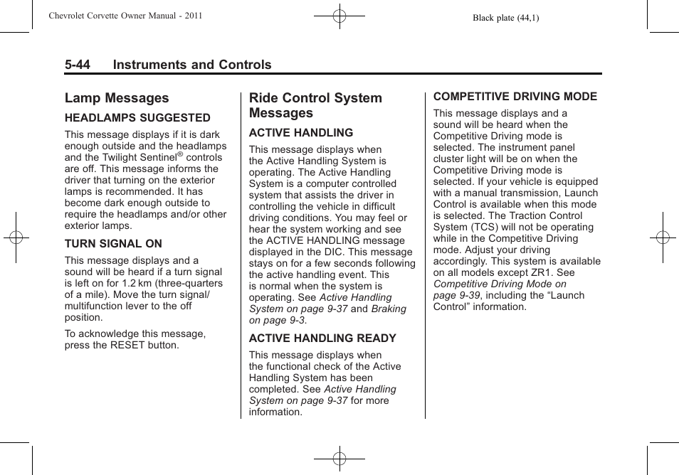 Lamp messages, Ride control system messages, Lamp messages -44 ride control system | Messages -44 | CHEVROLET 2011 Corvette User Manual | Page 166 / 436