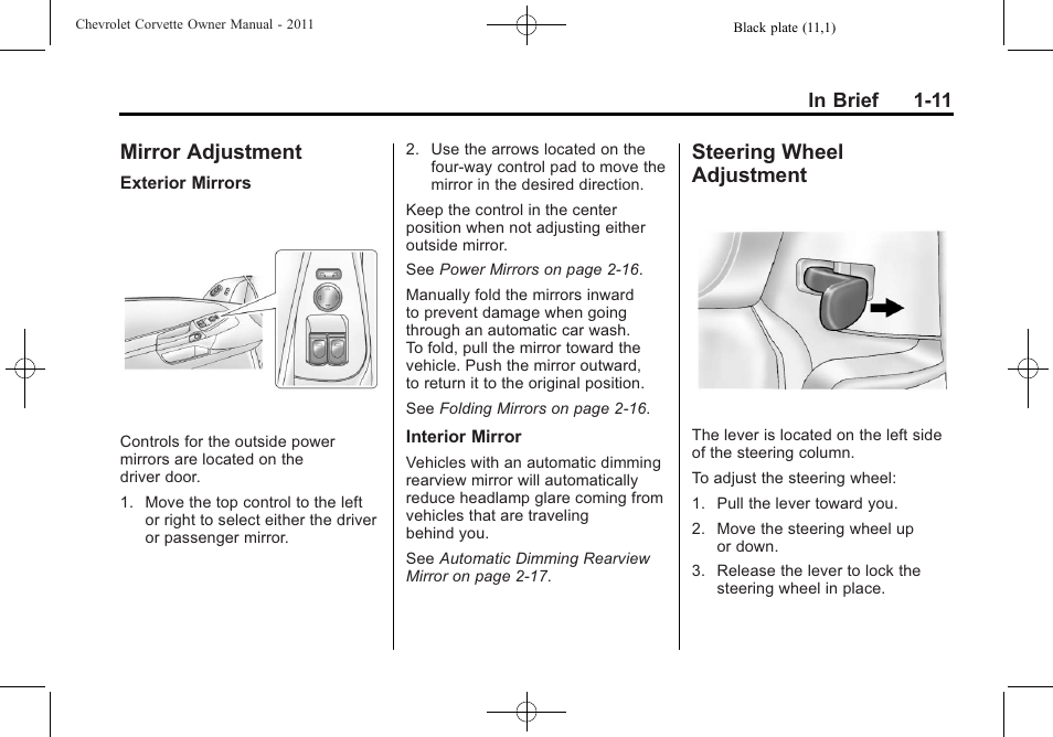 Mirror adjustment, Steering wheel adjustment, Mirror adjustment -11 steering wheel | Adjustment -11 | CHEVROLET 2011 Corvette User Manual | Page 17 / 436