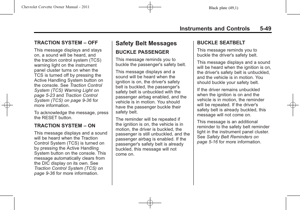 Safety belt messages, Safety belt messages -49 | CHEVROLET 2011 Corvette User Manual | Page 171 / 436