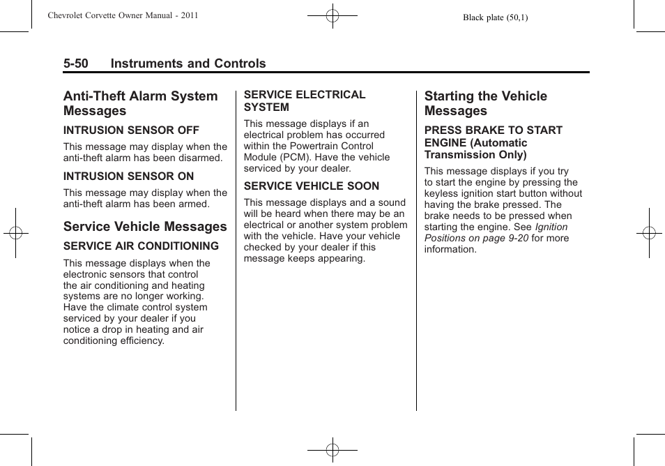 Anti-theft alarm system messages, Service vehicle messages, Starting the vehicle messages | Anti-theft alarm system, Messages -50, Service vehicle messages -50, Starting the vehicle | CHEVROLET 2011 Corvette User Manual | Page 172 / 436
