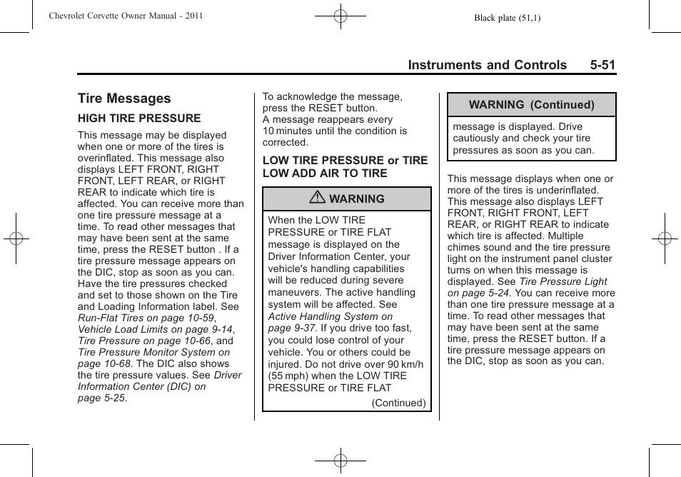 Tire messages, Tire messages -51 | CHEVROLET 2011 Corvette User Manual | Page 173 / 436