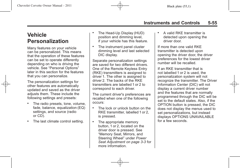 Vehicle personalization, Vehicle personalization -55, Instruments and controls 5-55 | CHEVROLET 2011 Corvette User Manual | Page 177 / 436