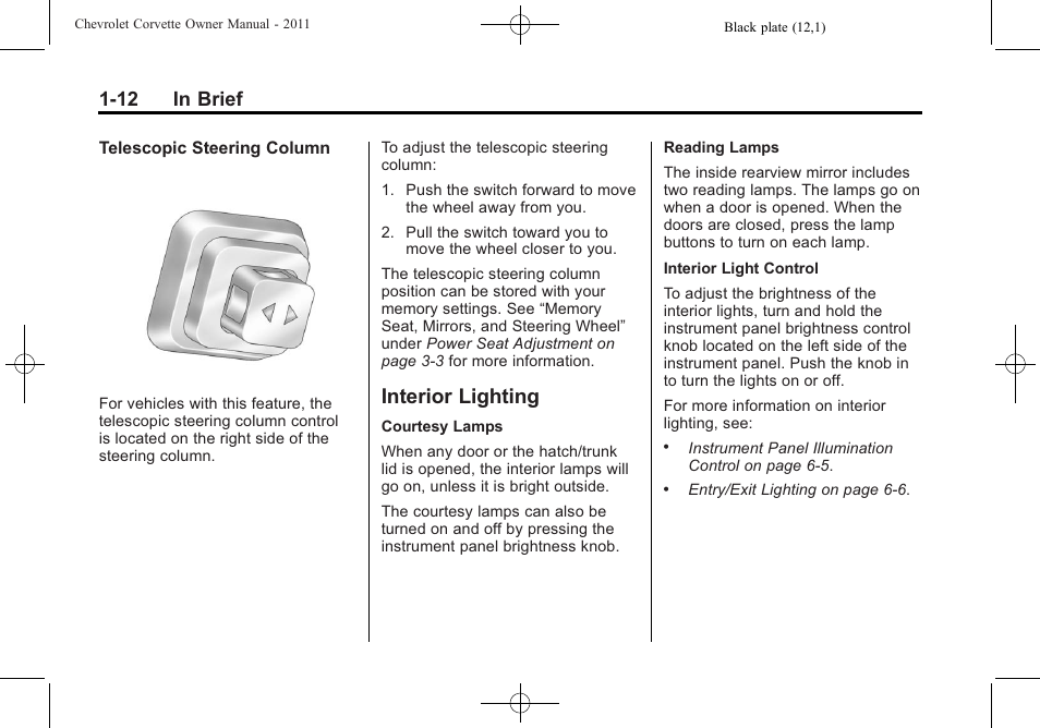 Interior lighting, Interior lighting -12, 12 in brief | CHEVROLET 2011 Corvette User Manual | Page 18 / 436