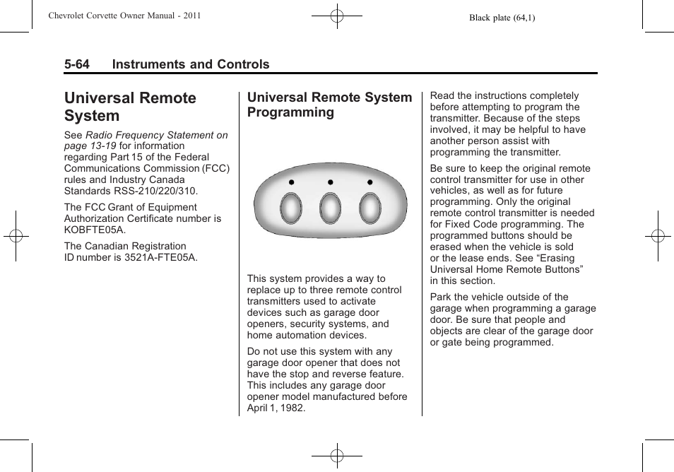 Universal remote system, Universal remote system programming, Universal remote system -64 | Ride control, Programming -64 | CHEVROLET 2011 Corvette User Manual | Page 186 / 436