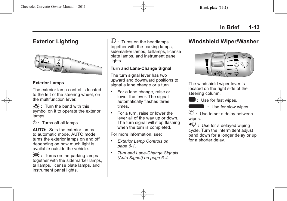 Exterior lighting, Windshield wiper/washer, Exterior lighting -13 windshield wiper/washer -13 | CHEVROLET 2011 Corvette User Manual | Page 19 / 436