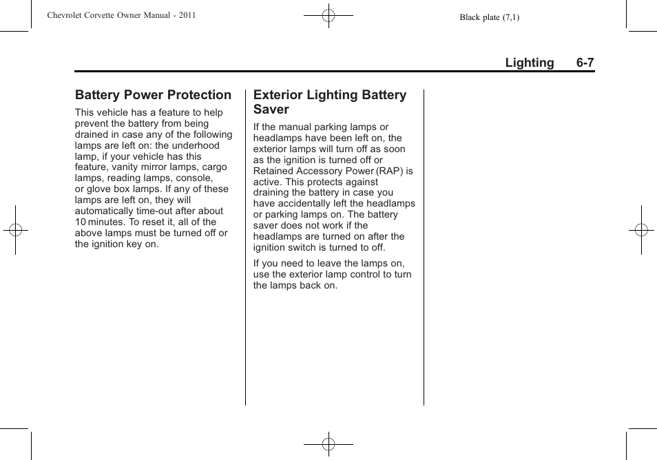 Battery power protection, Exterior lighting battery saver, Saver -7 | CHEVROLET 2011 Corvette User Manual | Page 199 / 436