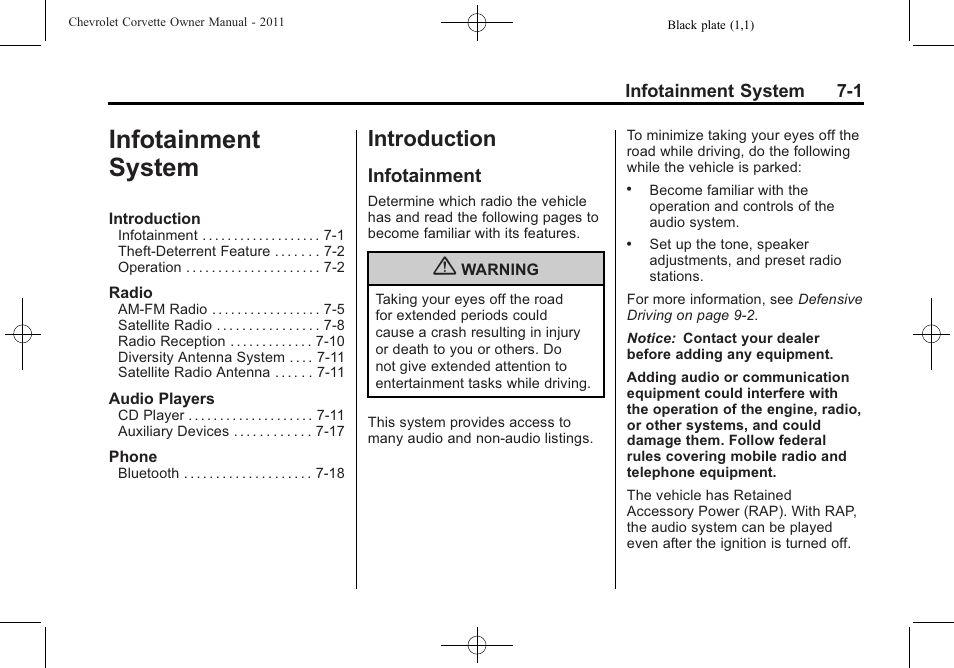 Infotainment system, Introduction, Infotainment | Infotainment system -1, Introduction -1, Vehicle checks | CHEVROLET 2011 Corvette User Manual | Page 201 / 436