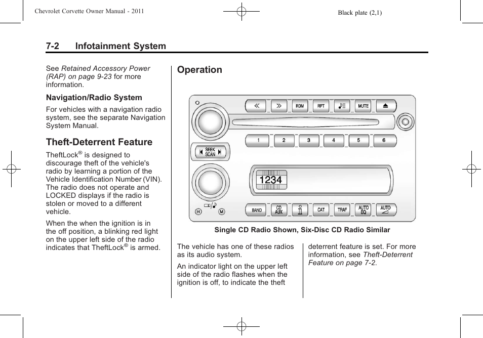 Theft-deterrent feature, Operation, Theft-deterrent feature -2 operation -2 | 2 infotainment system | CHEVROLET 2011 Corvette User Manual | Page 202 / 436