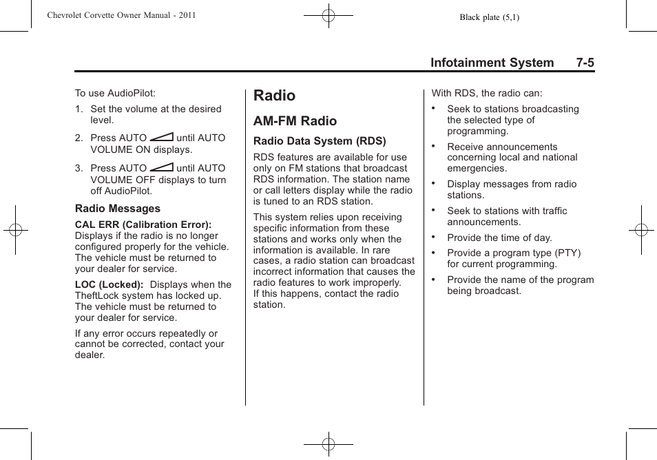 Radio, Am-fm radio, Radio -5 | Headlamp aiming -48, Am-fm radio -5, For extended, Infotainment system 7-5 | CHEVROLET 2011 Corvette User Manual | Page 205 / 436