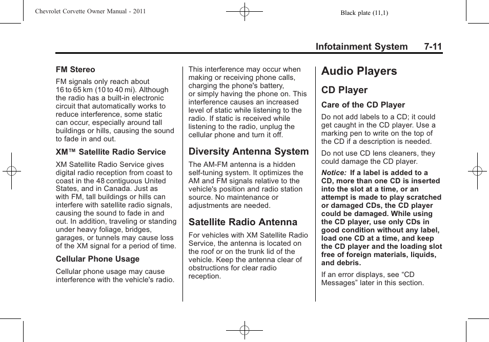 Diversity antenna system, Satellite radio antenna, Audio players | Cd player, Audio players -11, Bulb replacement, Cd player -11 | CHEVROLET 2011 Corvette User Manual | Page 211 / 436