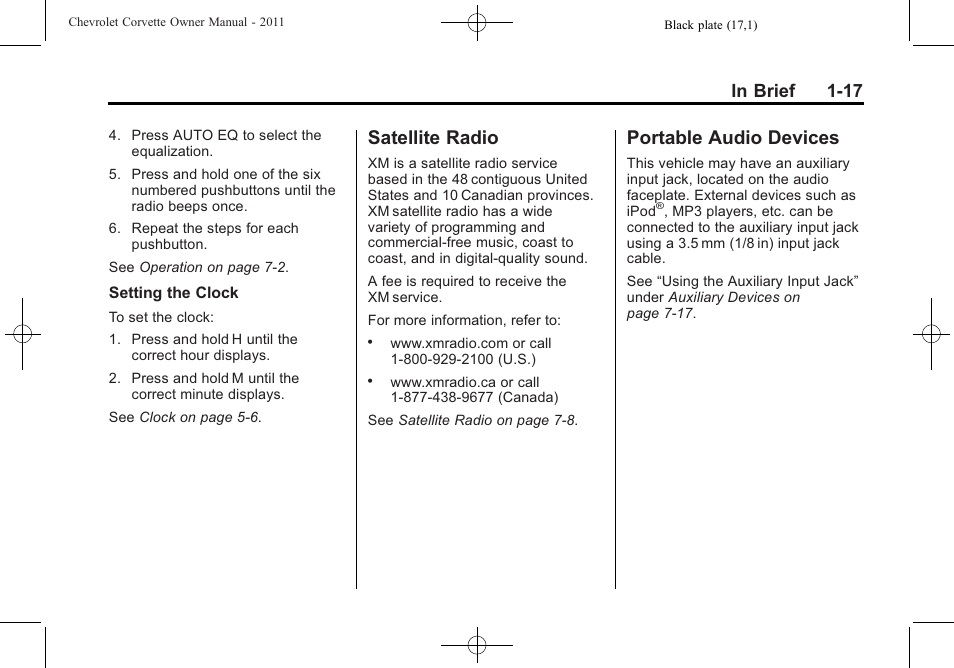 Satellite radio, Portable audio devices, Satellite radio -17 portable audio devices -17 | CHEVROLET 2011 Corvette User Manual | Page 23 / 436