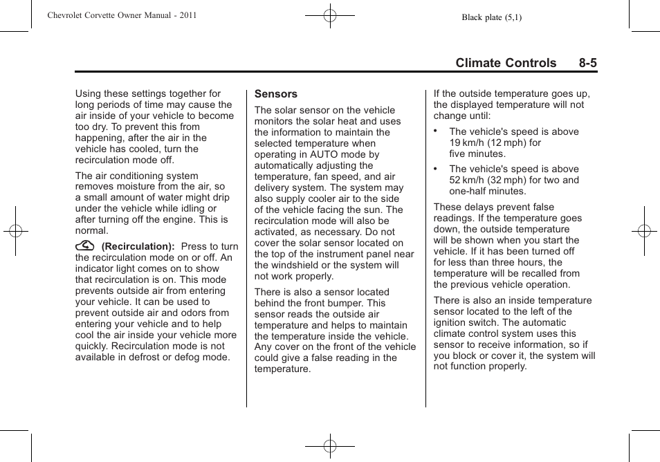 Climate controls 8-5 | CHEVROLET 2011 Corvette User Manual | Page 231 / 436