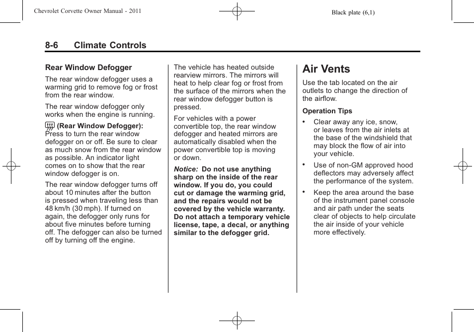 Air vents, Air vents -6, 6 climate controls | CHEVROLET 2011 Corvette User Manual | Page 232 / 436