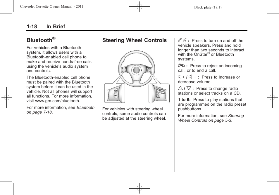 Bluetooth, Steering wheel controls, Steering wheel controls -18 | CHEVROLET 2011 Corvette User Manual | Page 24 / 436