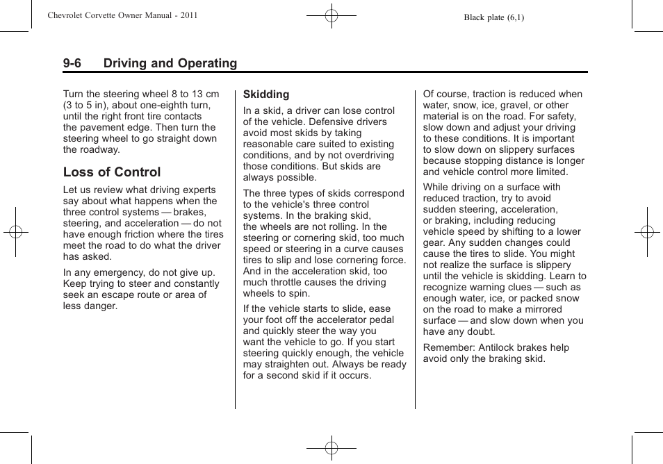 Loss of control, Loss of control -6, Automatic | CHEVROLET 2011 Corvette User Manual | Page 240 / 436