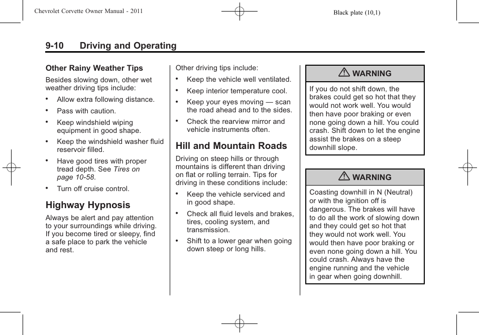 Highway hypnosis, Hill and mountain roads, Highway hypnosis -10 hill and mountain roads -10 | 10 driving and operating | CHEVROLET 2011 Corvette User Manual | Page 244 / 436