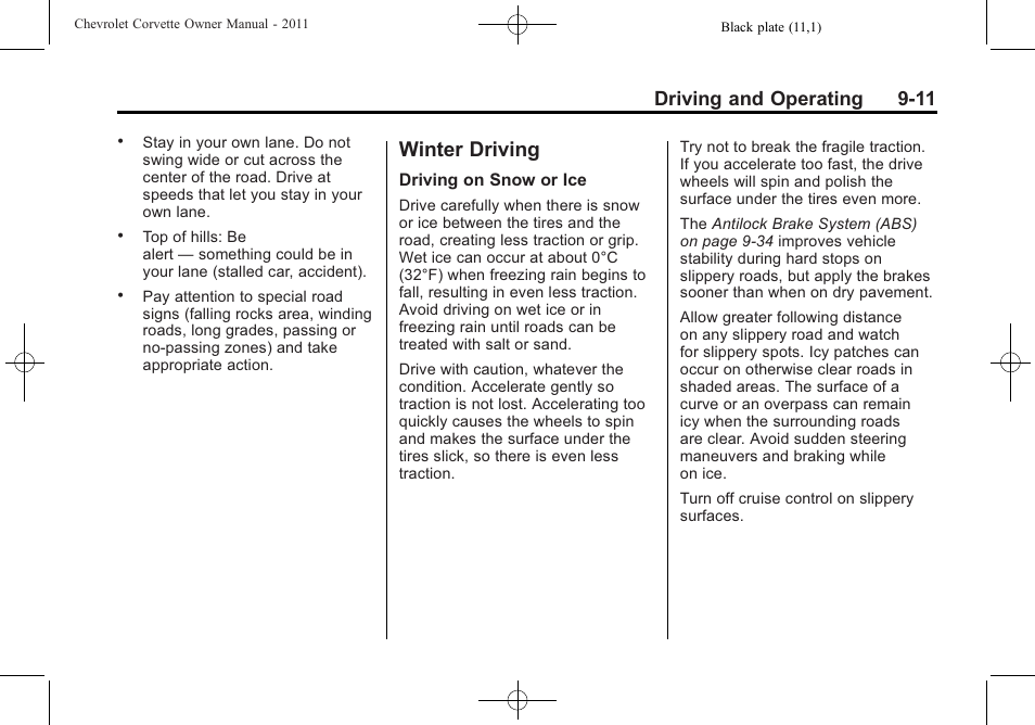 Winter driving, Winter driving -11, Brakes | Driving and operating 9-11 | CHEVROLET 2011 Corvette User Manual | Page 245 / 436