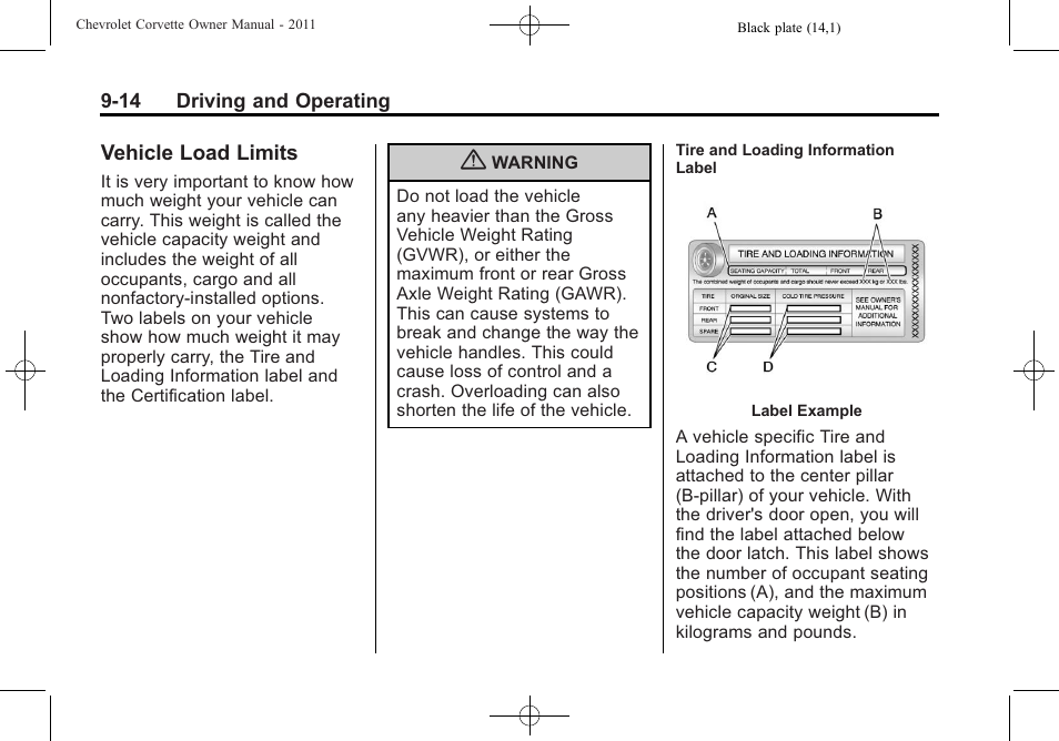 Vehicle load limits, Vehicle load limits -14 | CHEVROLET 2011 Corvette User Manual | Page 248 / 436