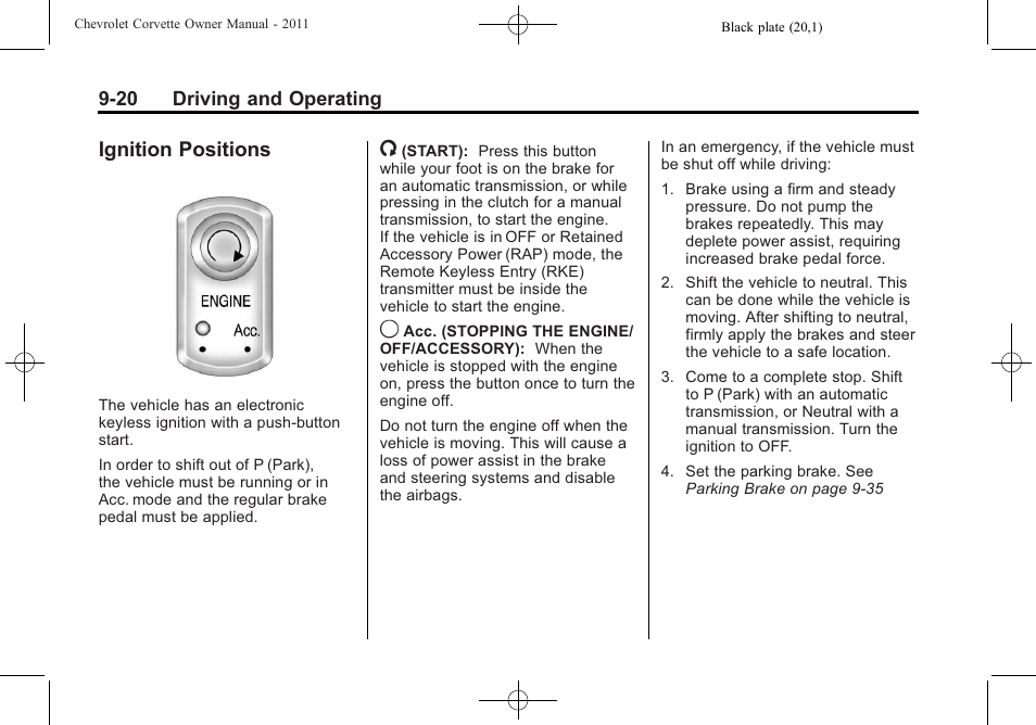 Ignition positions, Ignition positions -20 | CHEVROLET 2011 Corvette User Manual | Page 254 / 436