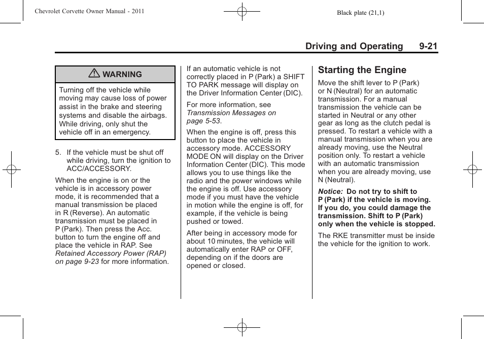 Starting the engine, Starting the engine -21 | CHEVROLET 2011 Corvette User Manual | Page 255 / 436