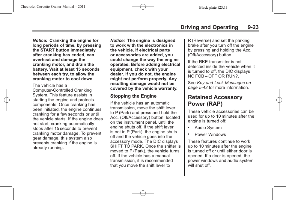 Retained accessory power (rap), Retained accessory, Power (rap) -23 | Driving and operating 9-23 | CHEVROLET 2011 Corvette User Manual | Page 257 / 436