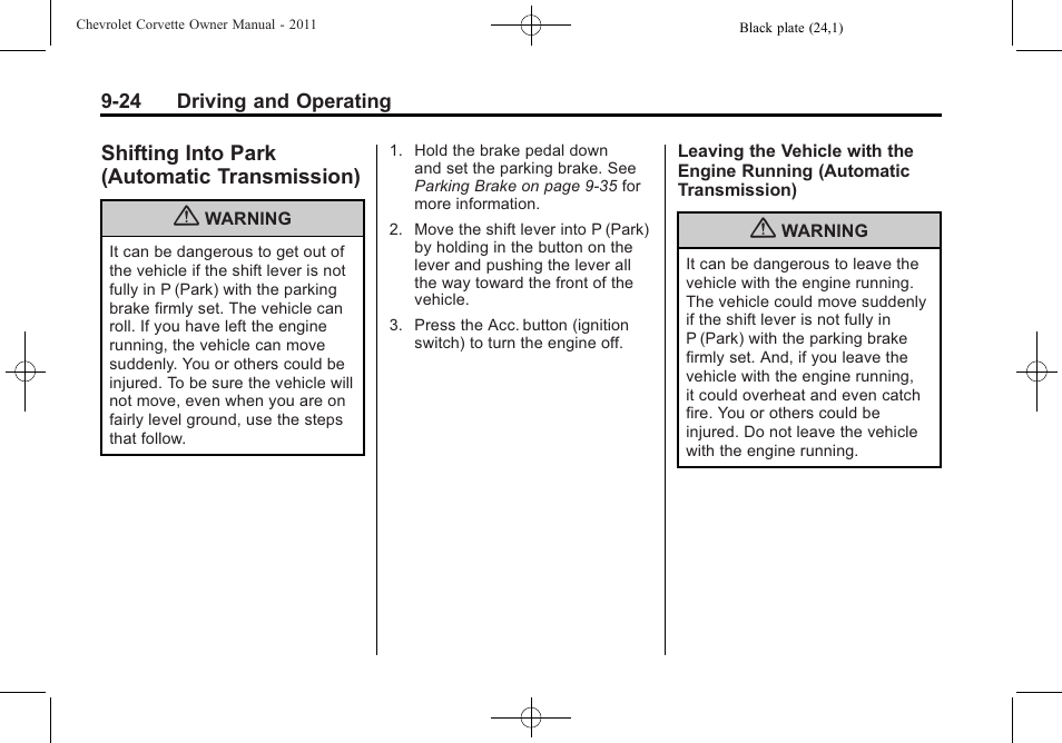 Shifting into park (automatic transmission), Shifting into park (automatic, Transmission) -24 | Limited-slip | CHEVROLET 2011 Corvette User Manual | Page 258 / 436