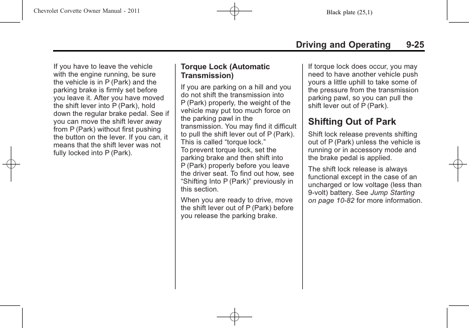 Shifting out of park, Shifting out of park -25 | CHEVROLET 2011 Corvette User Manual | Page 259 / 436