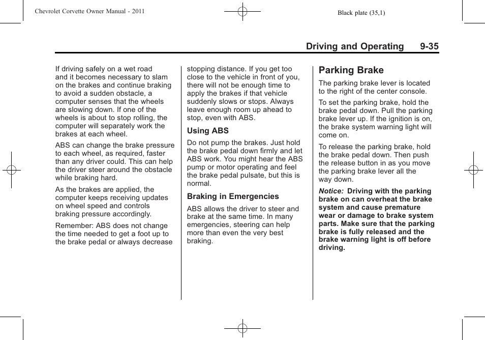 Parking brake, Parking brake -35 | CHEVROLET 2011 Corvette User Manual | Page 269 / 436