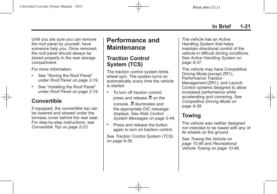 Convertible, Performance and maintenance, Traction control system (tcs) | Towing, Performance and, Maintenance -21, Vehicle messages, Convertible -21, Traction control, System (tcs) -21 | CHEVROLET 2011 Corvette User Manual | Page 27 / 436