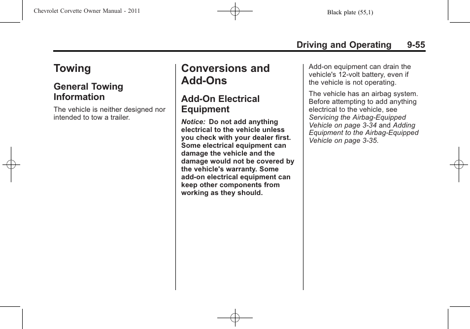 Towing, General towing information, Conversions and add-ons | Add-on electrical equipment, Towing -55 conversions and add-ons -55, General towing, Information -55, Add-on electrical, Equipment -55 | CHEVROLET 2011 Corvette User Manual | Page 289 / 436