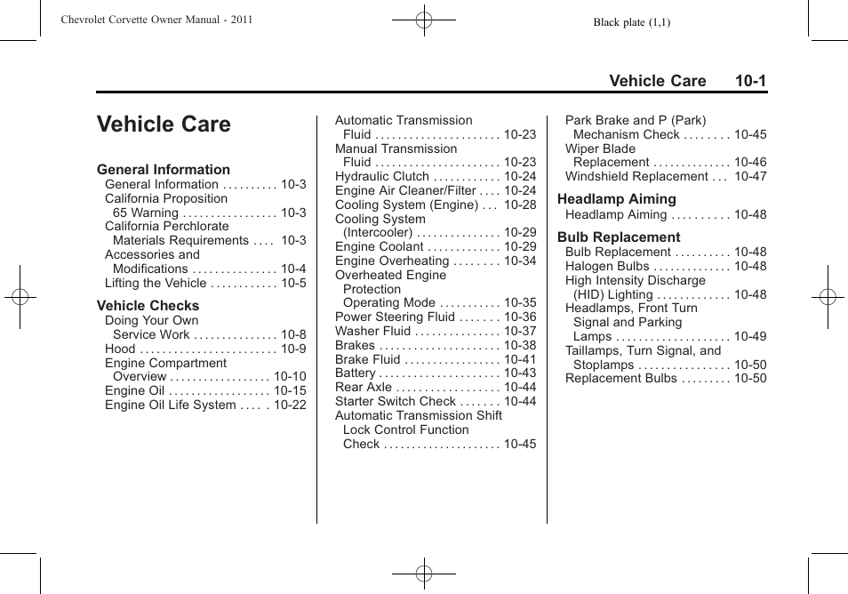 Vehicle care, Vehicle care -1, Vehicle care 10-1 | CHEVROLET 2011 Corvette User Manual | Page 291 / 436
